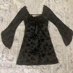 Whimsigoth Fairy Goth Black Mesh Floral Velvet Bell Sleeve Stretchy Mini Dress S